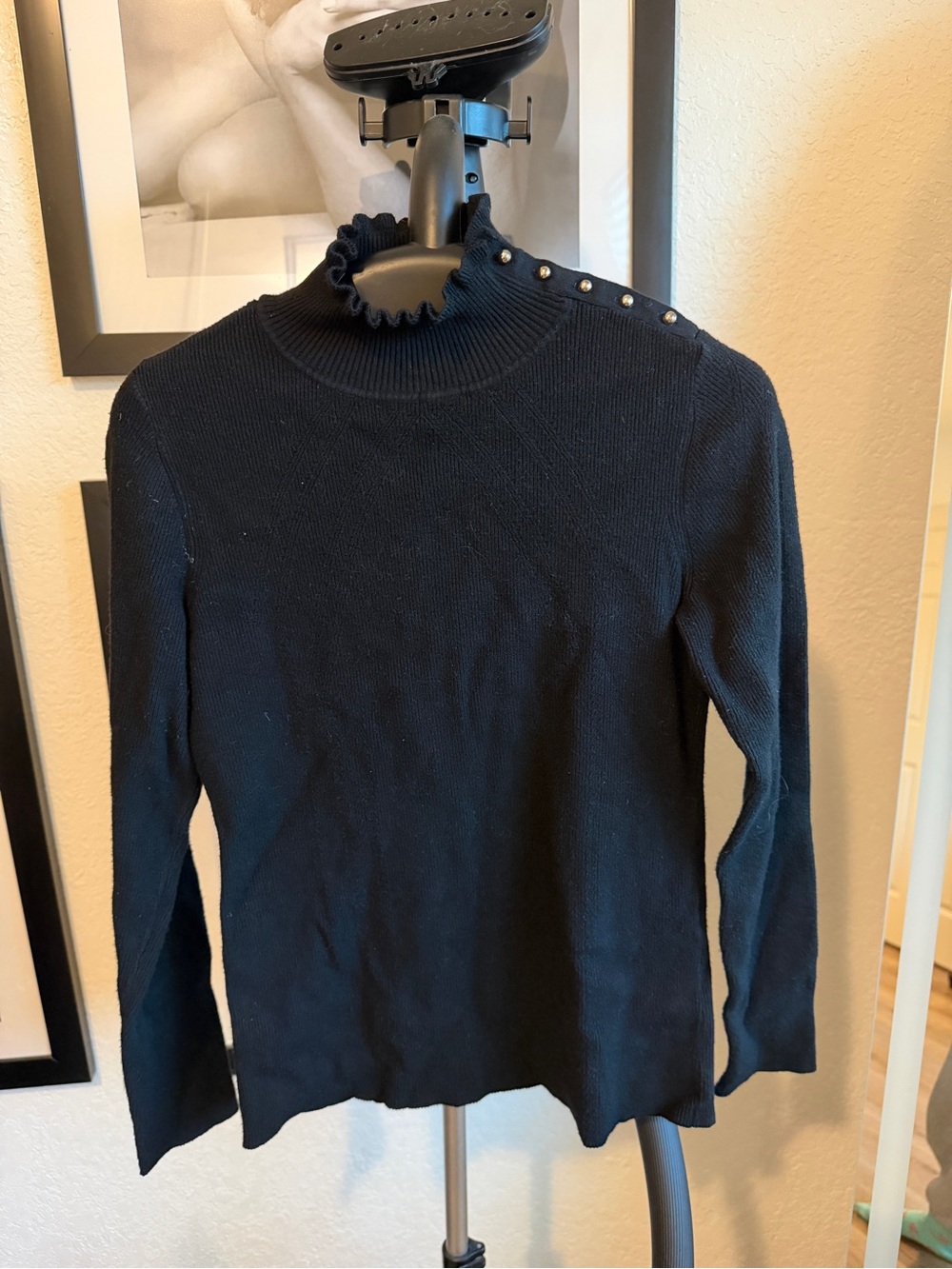 White House Black Market Black Ruffle Mock Neck Sweater with Shoulder Buttons